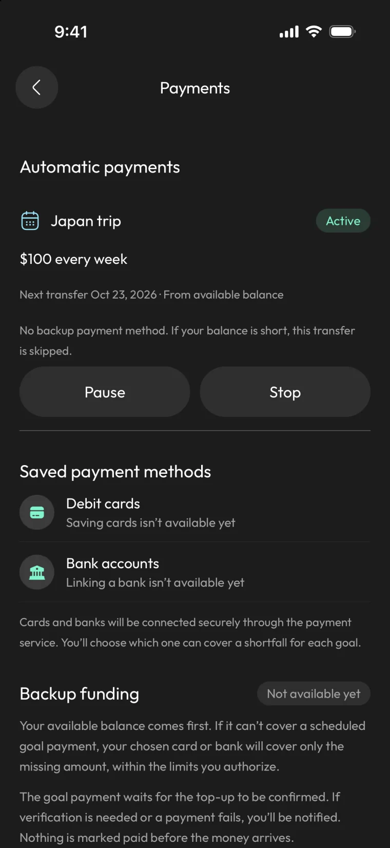 Illustrative Covault Payments screen: an active $100 weekly Japan trip schedule, with saved cards and linked banks marked not available yet.